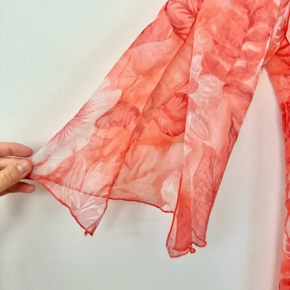 Vintage Picadilly Orange and Pink Floral Asymmetrical Sheer Blouse 3/4 Sleeves - Picture 9 of 15